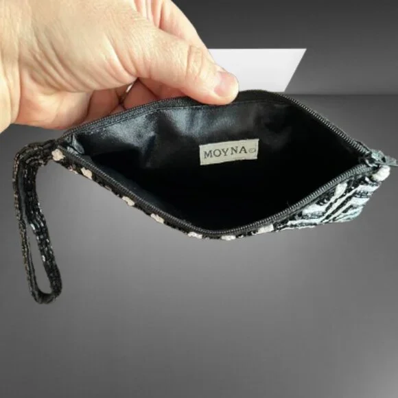 🖤 Moyna Black And White Beaded Wristlet/Clutch– Glam Party Bag - Picture 6 of 8
